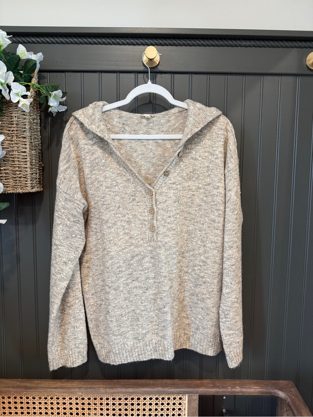 Hem & Thread Neutral Marled Hooded Button Pullover Sweater